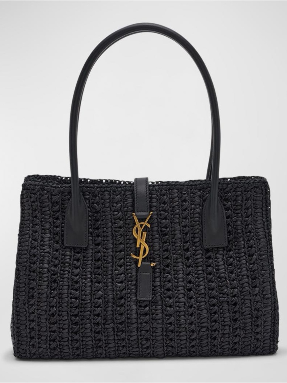Saint Laurent Black Woven Raffia Tote with Gold YSL Emblem